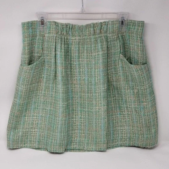 J. Crew Mini Skirt 8 Mint Green Tweed Shirred A-Line Back Zip Front Pockets - Picture 2 of 5